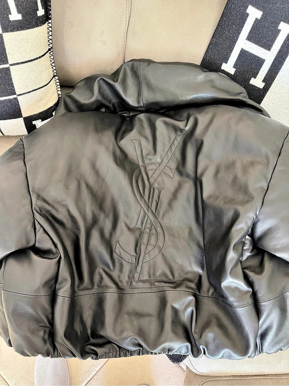 Saint Laurent Cassandre Leather Puffer Jacket Black